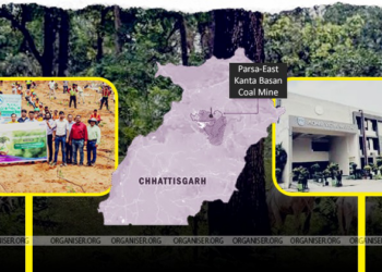 Inset- Workers associated with the mining project during a forestation drive (left), A school being run in the area under Corporate Social Responsibility (Right)