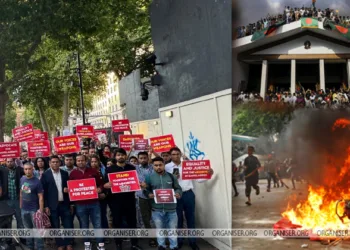 Members of Indian and Bangladeshi diaspora during the protest-left, image depicting violence in Bangladesh-right