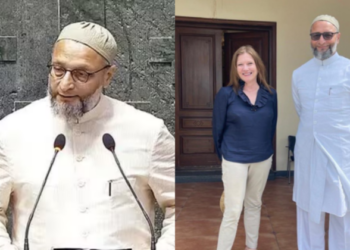 (Left) AIMIM leader Asaduddin Owaisi (Right) AIMIM leader Asaduddin Owaisi and U.S. Consul General Jennifer Larson