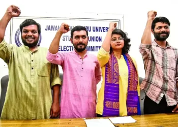 JNUSU president Dhananjay, vice-president Avijit Ghosh, secretary Priyanshi Arya and joint secretary Mohammad Sajid at the oath-taking ceremony (For representative purpose)