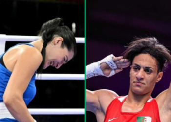 (Left) Italian female boxer Angela Carini in tears (Right) Algeria's Imane Khalif