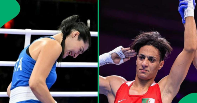 (Left) Italian female boxer Angela Carini in tears (Right) Algeria's Imane Khalif