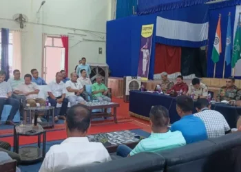 A peace meeting under way at the CRPF camp in Cachar district of Assam between leaders of Meitei and Hmar civil society organisations. (Source: The Hindu)