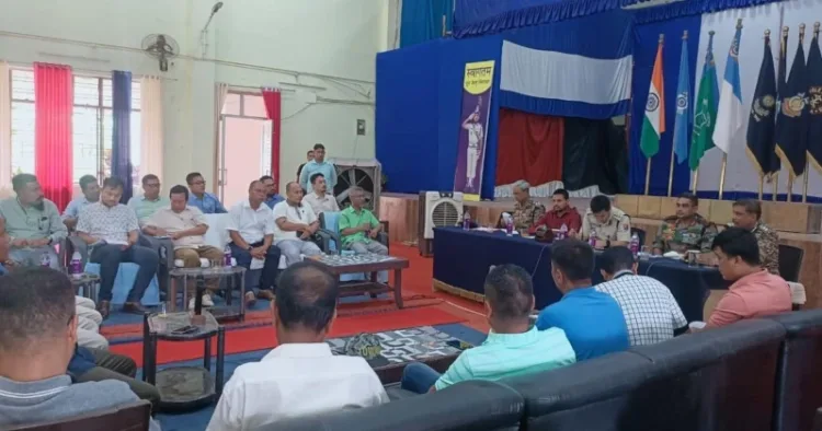 A peace meeting under way at the CRPF camp in Cachar district of Assam between leaders of Meitei and Hmar civil society organisations. (Source: The Hindu)