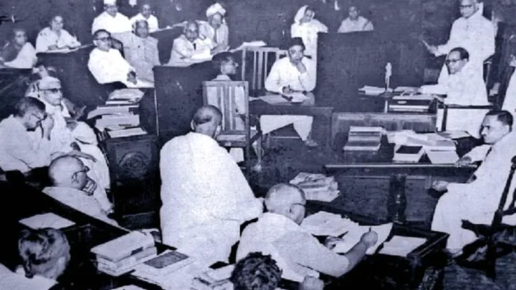 Meeting of the Constituent Assembly of India during the drafting and discussion of the Indian Constitution around 1950.