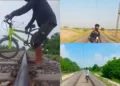 YouTuber Sheikh placing cycle, cylinder and stones on the tracks (Image Source: YouTube)