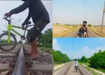 YouTuber Sheikh placing cycle, cylinder and stones on the tracks (Image Source: YouTube)