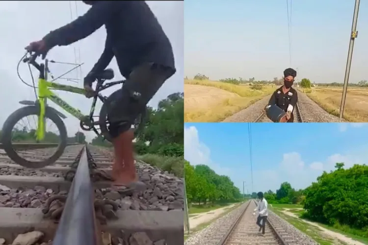 YouTuber Sheikh placing cycle, cylinder and stones on the tracks (Image Source: YouTube)