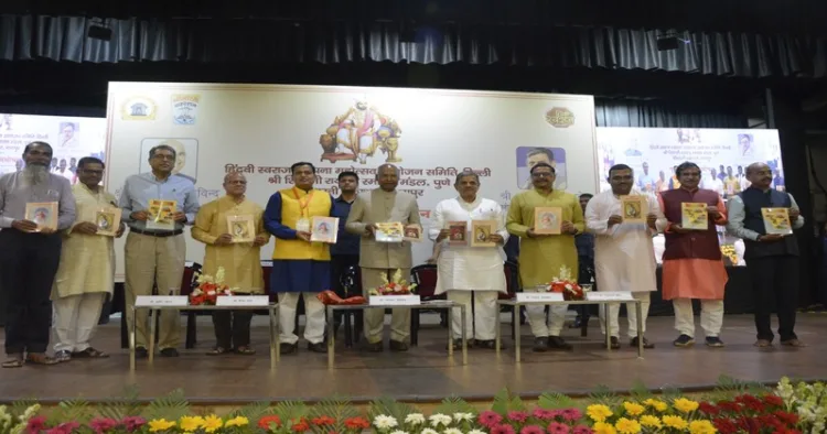 Caption: (L to R) Sudhir Thorat,  Vaibhav Dange, Convenor Hindavi Swaraj Sthapna Aayojan Samiti Delhi, Ram Nath Kovind, former President of Bharat, Dattatreya Hosabale, RSS Sarkaryavah, Raghuji Raje Angre, President, Shri Shivaji Raigad Smarak Mandal at the book release