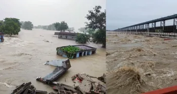 Flood waters wreaking havoc in a village in Bihar- left, picture from Kosi barrage-right