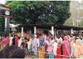 People assembled outside the detention centre in Assam