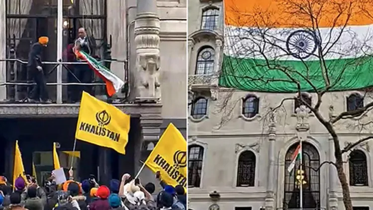 Indian national flag hoisted at the Indian High Commission, left, a protester, chanting pro-Khalistani slogans (Source: The Hindu)