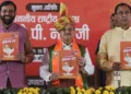 J.P. Nadda with Haryana Chief Minister Nayab Singh Saini and State BJP President Mohan Lal Badoli (Image Source: PTI)