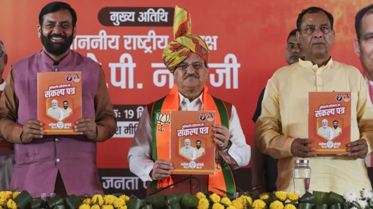 J.P. Nadda with Haryana Chief Minister Nayab Singh Saini and State BJP President Mohan Lal Badoli (Image Source: PTI)