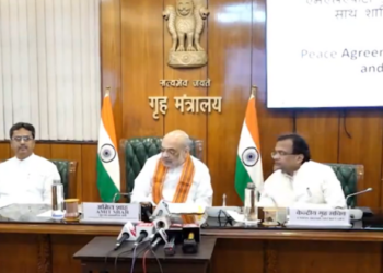 Union Home Minister Amit Shah and and Tripura Chief Minister Manik Saha during the signing of the peace pact of September 4, 2024. Photo: X/@PTI_News