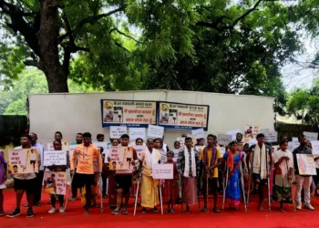 Victims who have suffered permanent injuries in Maoist related violence protesting at Jantar Mantar, New Delhi