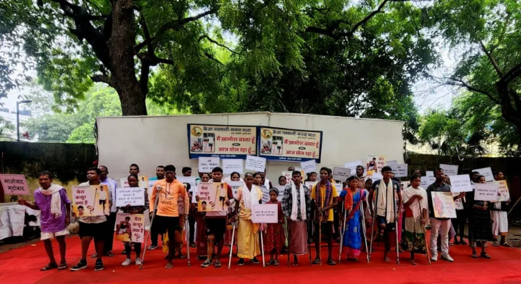 Victims who have suffered permanent injuries in Maoist related violence protesting at Jantar Mantar, New Delhi