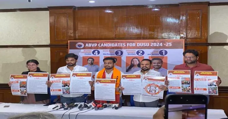 Akhil Bharatiya Vidyarthi Parishad (ABVP) duringa a press conference  released its 11-point manifesto titled “My DU, My Manifesto”