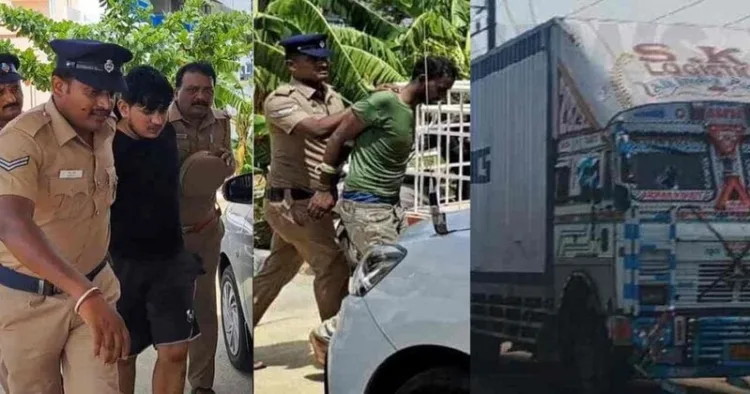 Accused caught by the Tamil Nadu Police (Left) and Container lorry in which the accused tried to escape (Right)