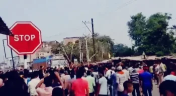 Locals protesting after idols of several deities vandalised at a temple