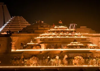 An illuminated view of Ram Mandir premises