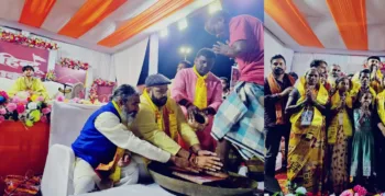 BJP MP Bhojraj Nag and Prabal Judev welcoming the returnees into Sanatan fold (Organiser)