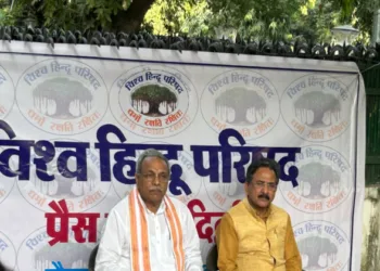 Surendra Jain, National Joint General Secretary of the Vishva Hindu Parishad (VHP), addresses a press conference