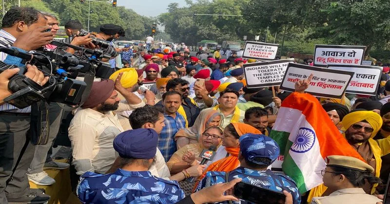 Delhi Hindu Sikh Global Forum protests in front of the Canadian Embassy  against temple violence in Canada