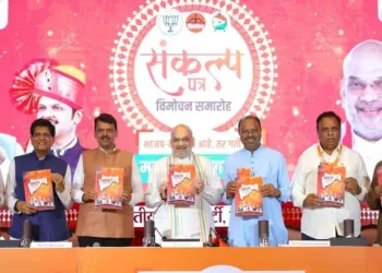 Union Home Minister Amit Shah releases the BJP’s manifesto for the Maharashtra Assembly polls in Mumbai