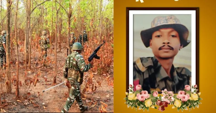 (Left) Security forces on the move during anti-Maoist operation (Right) One District Reserve Guard (DRG) head constable Birendra Kumar Soni lays down his life during an encounter with the Maoists