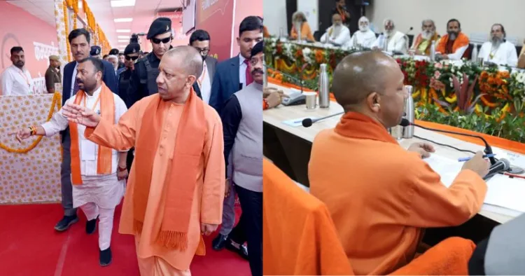 (Left) UP CM Yogi Adityanath inspecting the Mahakumbh preparations (Right)Yogi Adityanath during a meeting with the sants