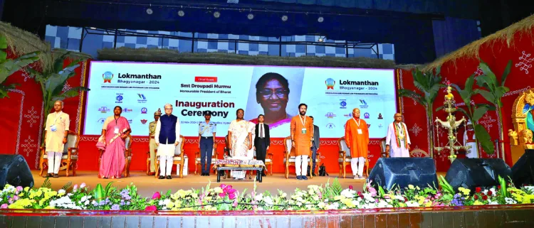 From (L to R) J Nandakumar, National Convenor Prajna Pravah, Telangana Government Minister Sitakka, Vishnudev Varma, Governor of Telangana, Hon'ble President Droupadi Murmu,  Union Minister, G Kishan Reddy, RSS Sarsanghchalak Dr Mohan Bhagwat, and Dr T Hanuman Chowdary at the inaugural session of LokManthan 2024