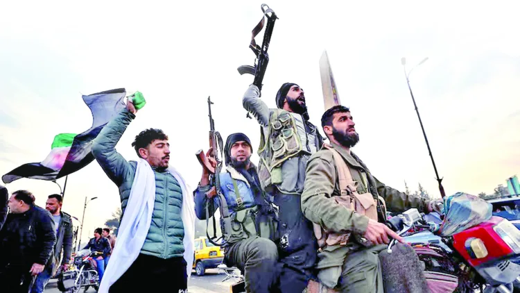 Syrian rebels celebrating after the Syrian government collapsed in Damascus, Syria