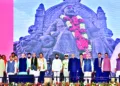 Prime Minister Narendra Modi, Maharashtra Governor C P Radhakrishnan, Union Ministers and others attending state Chief Minister Devendra Fadnavis and Deputy Chief Ministers Eknath Shinde and Ajit Pawar's oath-taking ceremony, in Mumbai