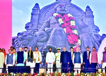 Prime Minister Narendra Modi, Maharashtra Governor C P Radhakrishnan, Union Ministers and others attending state Chief Minister Devendra Fadnavis and Deputy Chief Ministers Eknath Shinde and Ajit Pawar's oath-taking ceremony, in Mumbai