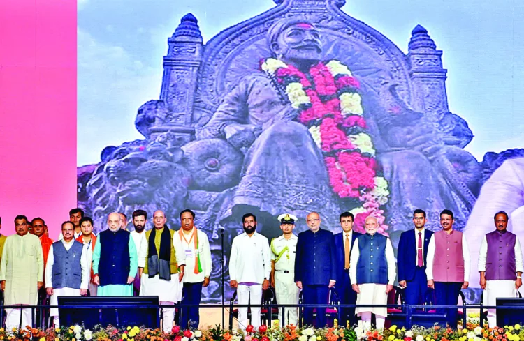 Prime Minister Narendra Modi, Maharashtra Governor C P Radhakrishnan, Union Ministers and others attending state Chief Minister Devendra Fadnavis and Deputy Chief Ministers Eknath Shinde and Ajit Pawar's oath-taking ceremony, in Mumbai