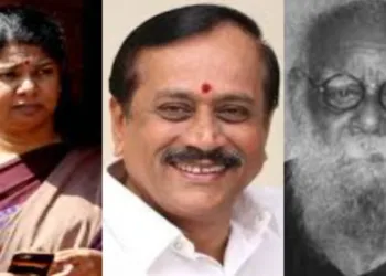 (L To R) Dravida Munnetra Kazhagam (DMK) Lok Sabha MP Kanimozhi Karunanidhi, BJP leader H Raja, Periyar (Image Credit: Opindia)