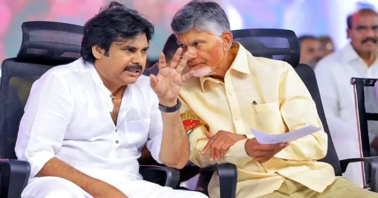 Andhra Pradesh Deputy Chief Minister K Pawan Kalyan (Left) and Andhra Pradesh Chief Minister  Chandrababu Naidu (Right)