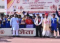 inning players and teams receiving awards at the National Tribal Sports Competition organised by Vanvasi Kalyan Ashram in Raipur.