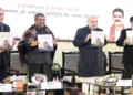 (From left To Right)  Chairman of the Indian Council of Historical Research (ICHR) and Editor of the book Professor Raghuvendra Tanwar,  Union Minister of Education Dharmendra Pradhan, Union Home Minister Amit Shah and Secretary Sanjay Kumar (IAS) release the book 'Jammu Kashmir and Ladakh Through the Ages: A Visual Narrative of Continuities and Linkages'