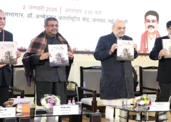 (From left To Right)  Chairman of the Indian Council of Historical Research (ICHR) and Editor of the book Professor Raghuvendra Tanwar,  Union Minister of Education Dharmendra Pradhan, Union Home Minister Amit Shah and Secretary Sanjay Kumar (IAS) release the book 'Jammu Kashmir and Ladakh Through the Ages: A Visual Narrative of Continuities and Linkages'