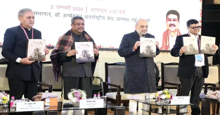 (From left To Right)  Chairman of the Indian Council of Historical Research (ICHR) and Editor of the book Professor Raghuvendra Tanwar,  Union Minister of Education Dharmendra Pradhan, Union Home Minister Amit Shah and Secretary Sanjay Kumar (IAS) release the book 'Jammu Kashmir and Ladakh Through the Ages: A Visual Narrative of Continuities and Linkages'