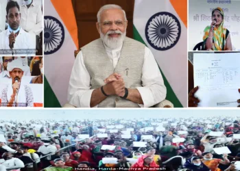 The Prime Minister, Shri Narendra Modi interacting with the beneficiaries of SVAMITVA scheme in Madhya Pradesh, through video conferencing, in New Delhi in October (Image Source: PMO)