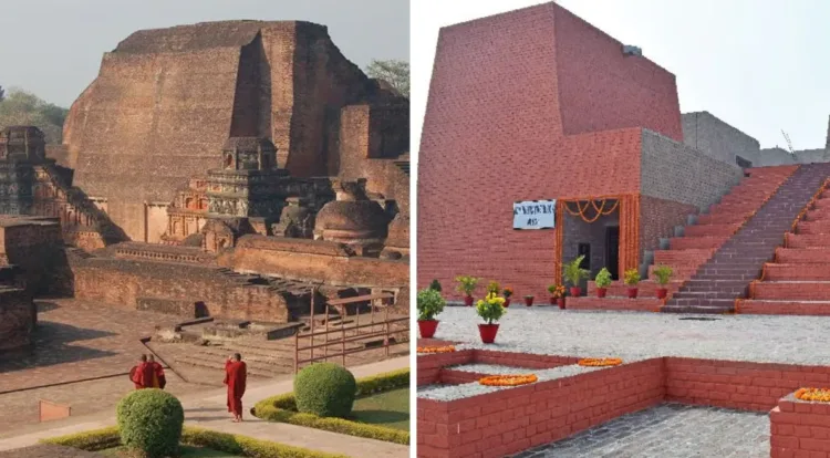 Ruins of ancient Nalanda university-left, a building in the newly built Nalanda university campus, Image Credit: ensureIAS