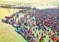 Prayagraj, Jan 14 (ANI): An aerial view of the devotees taking a dip at Triveni Sangam on the occasion of ‘Makar Sankranti’ during the ongoing Maha Kumbh 2025, in Prayagraj on Tuesday. (ANI Photo)