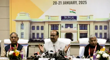 Patna: Lok Sabha Speaker Om Birla with State Legislative Assembly Speaker Nand Kishore Yadav and Rajya Sabha Deputy Chairman Harivansh Narayan Singh addresses a press conference, at the Bihar Legislative Assembly in Patna on Tuesday. (ANI Photo)