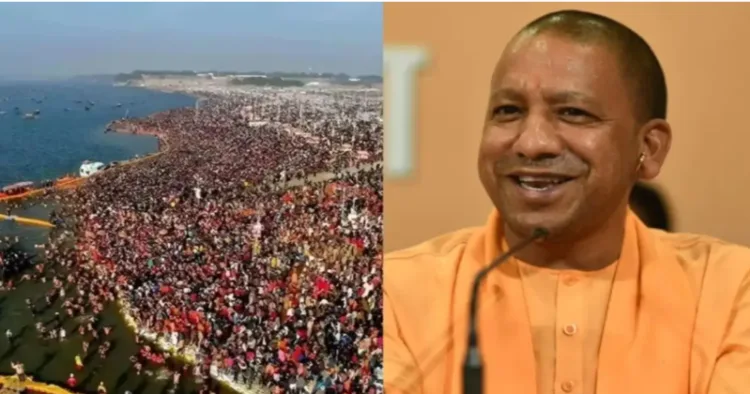 (Left) Devotees at Sangam Triveni (Right) Uttar Pradesh CM Yogi Adityanth  (Image Source: File)