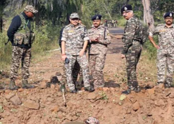 hhattisgarh DGP Ashok Juneja, ADGP Vivekanand, IG CRPF Rakesh Agarwal, IG (Bastar) Sundarraj, and other senior officials during their visit to the site where an IED blast occurred on the security force's vehicle, in Bijapur, Chhattisgarh, January 7, 2025.(Image Source: ANI )