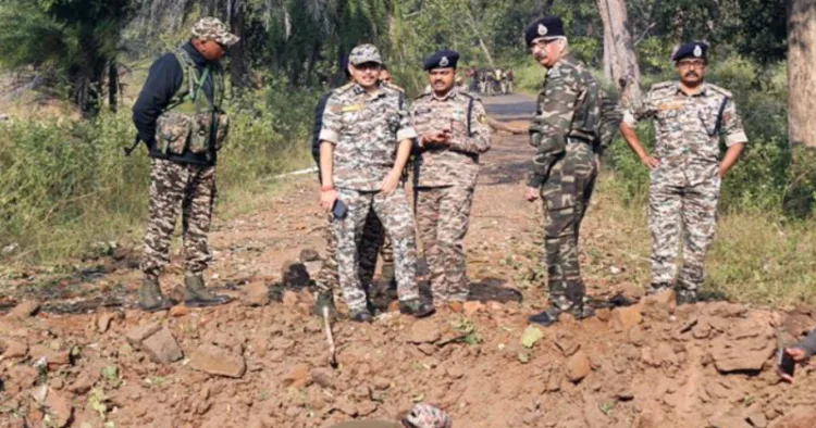 hhattisgarh DGP Ashok Juneja, ADGP Vivekanand, IG CRPF Rakesh Agarwal, IG (Bastar) Sundarraj, and other senior officials during their visit to the site where an IED blast occurred on the security force's vehicle, in Bijapur, Chhattisgarh, January 7, 2025.(Image Source: ANI )