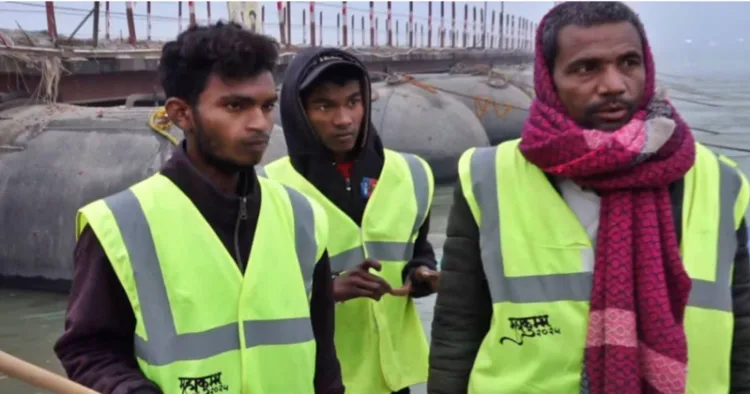 Ganga Sevadoots working to keep the Sangam ghats clean